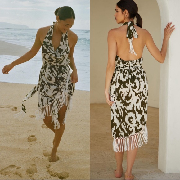 ANTHROPOLOGIE Olive Green & White Satin Fringe Cover Up Halter Dress - Picture 15 of 15